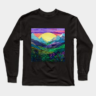 Colorful Stained Glass Mountains With Vibrant Sunset Long Sleeve T-Shirt